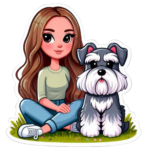 Girl representing Judy sitting next to a schnauzer dog